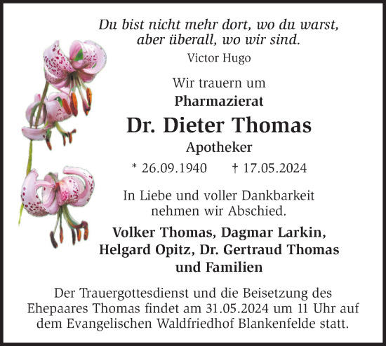 Traueranzeige von Dieter Thomas von Märkische Oderzeitung