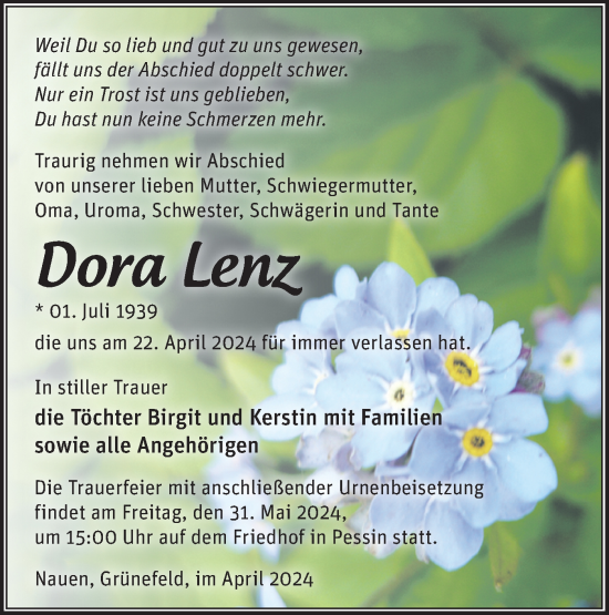 Traueranzeige von Dora Lenz von Märkische Oderzeitung