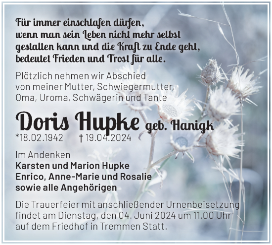 Traueranzeige von Doris Hupke von Märkische Oderzeitung