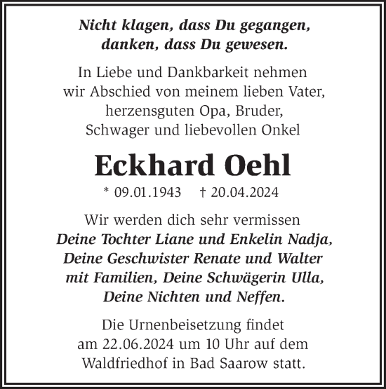 Traueranzeige von Eckhard Oehl von Märkische Oderzeitung