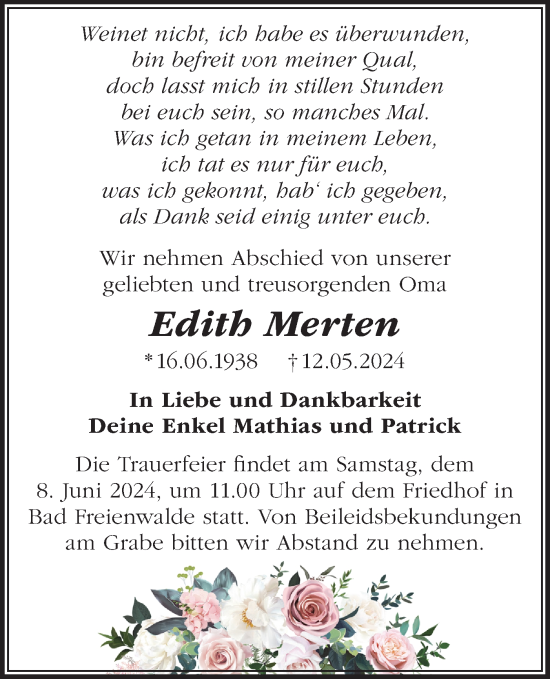 Traueranzeige von Edith Merten von Märkische Oderzeitung