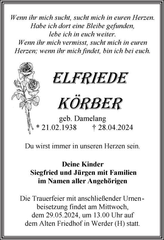 Traueranzeige von Elfriede Körber von Märkische Oderzeitung