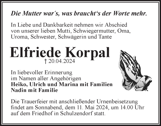 Traueranzeige von Elfriede Korpal von Märkische Oderzeitung