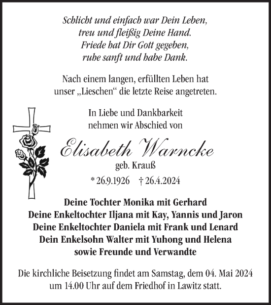 Anzeige Elisabeth Warncke