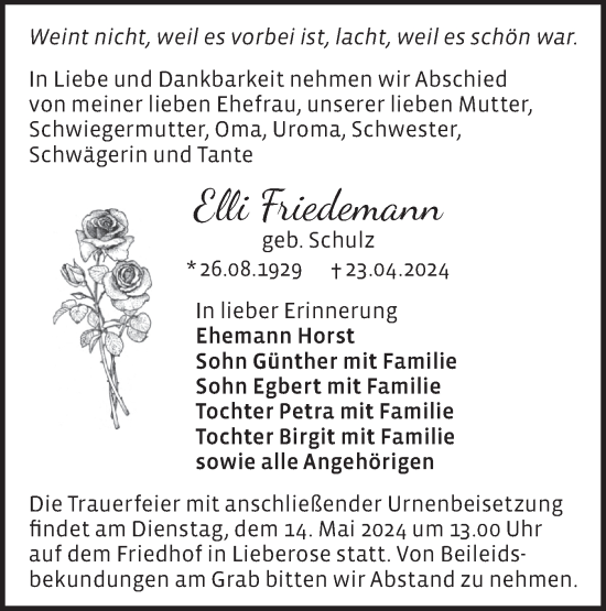 Traueranzeige von Elli Friedemann von Märkische Oderzeitung