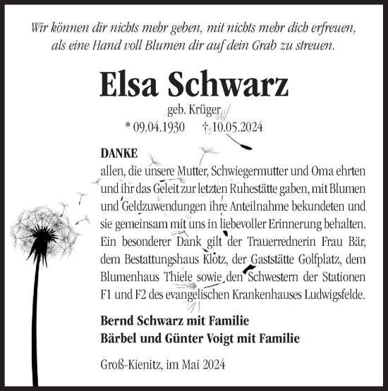 Traueranzeige von Elsa Schwarz von Märkische Oderzeitung