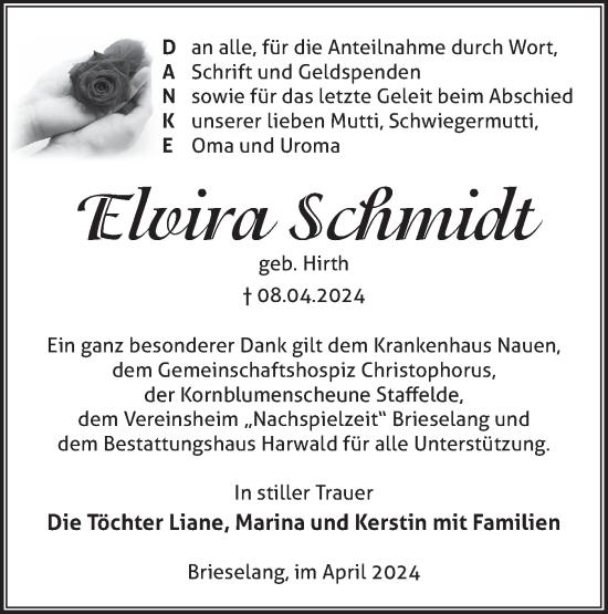 Traueranzeige von Elvira Schmidt von Märkische Oderzeitung