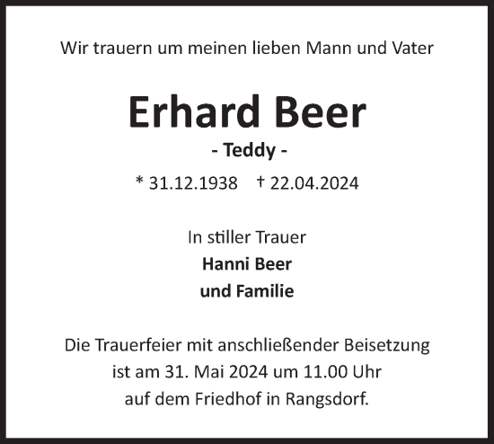 Traueranzeige von Erhard Beer von Märkische Oderzeitung