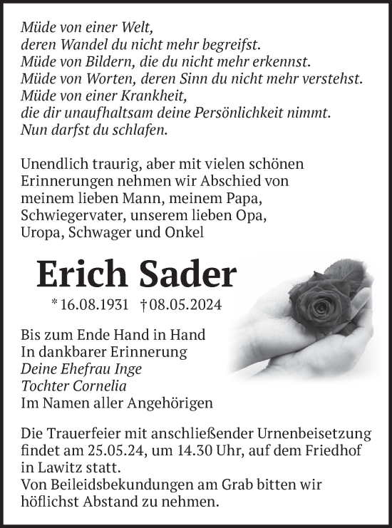 Traueranzeige von Erich Sader von Märkische Oderzeitung