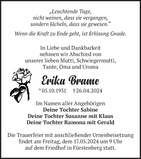 Traueranzeige von Erika Brame von Märkische Oderzeitung