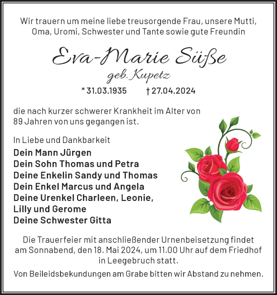 Traueranzeige von Eva-Marie Süße von Märkische Oderzeitung