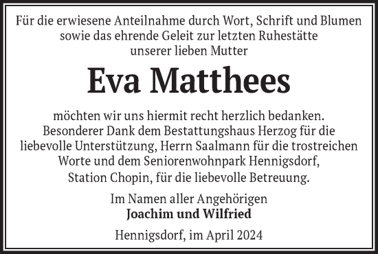 Traueranzeige von Eva Matthees von Märkische Oderzeitung