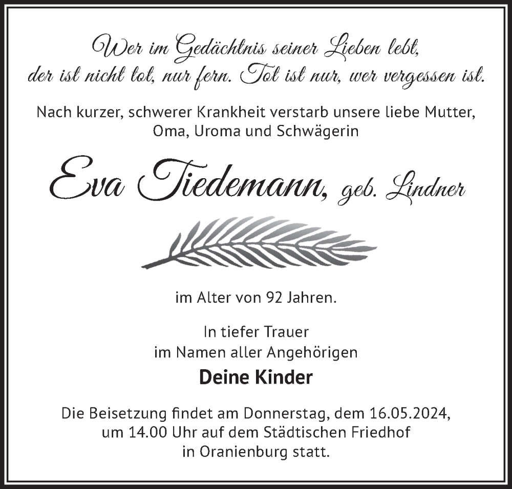 Traueranzeige für Eva Tiedemann vom 14.05.2024 aus Märkische Oderzeitung
