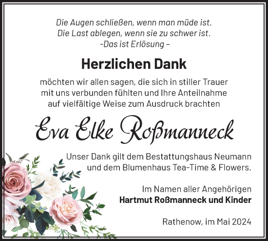 Traueranzeige von Eva Elke Roßmanneck von Märkische Oderzeitung