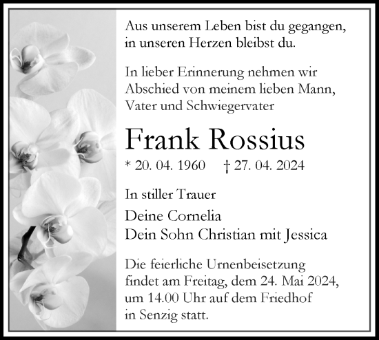 Traueranzeige von Frank Rossius von Märkische Oderzeitung