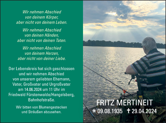 Traueranzeige von Fritz Mertineit von Märkische Oderzeitung