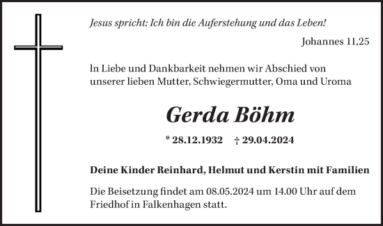 Traueranzeige von Gerda Böhm von Märkische Oderzeitung