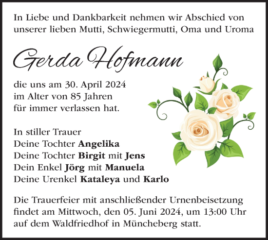 Traueranzeige von Gerda Hofmann von Märkische Oderzeitung