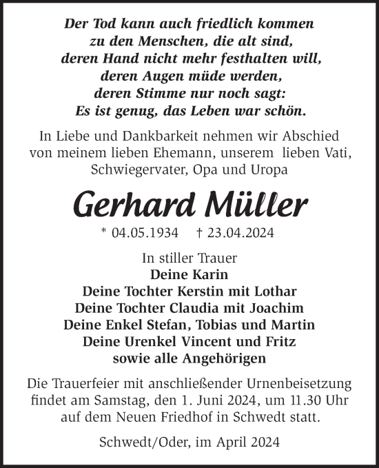 Traueranzeige von Gerhard Müller von Märkische Oderzeitung