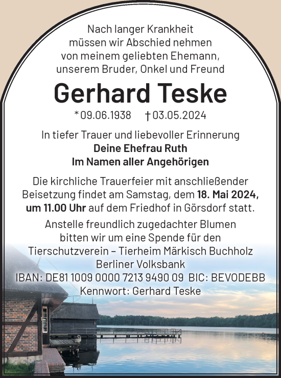 Traueranzeige von Gerhard Teske von Märkische Oderzeitung