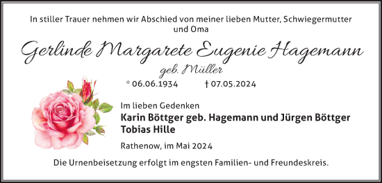 Traueranzeige von Gerlinde Margarete Eugenie Hagemann von Märkische Oderzeitung