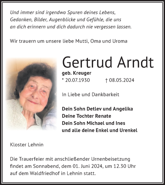 Traueranzeige von Gertrud Arndt von Märkische Oderzeitung