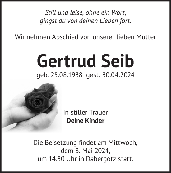 Traueranzeige von Gertrud Seib von Märkische Oderzeitung