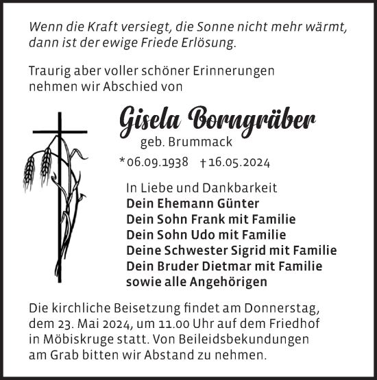 Traueranzeige von Gisela Borngräber von Märkische Oderzeitung