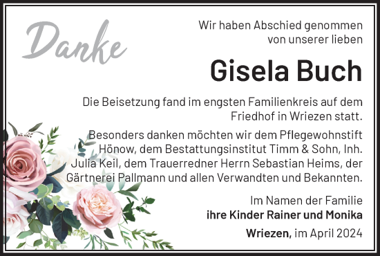 Traueranzeige von Gisela Buch von Märkische Oderzeitung