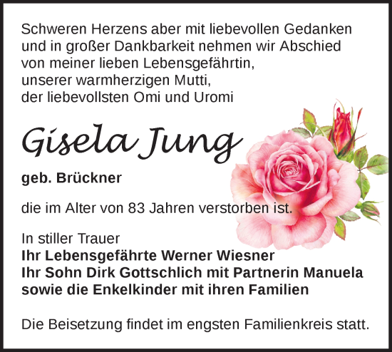 Traueranzeige von Gisela Jung von Märkische Oderzeitung