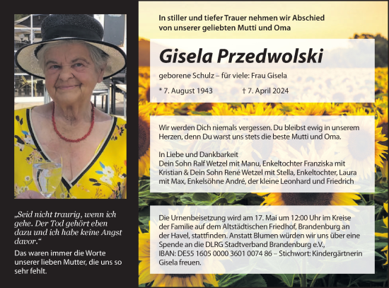 Traueranzeige von Gisela Przedwolski von Märkische Oderzeitung