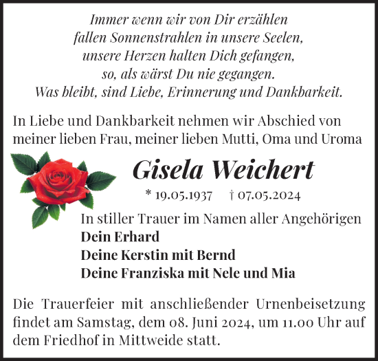 Traueranzeige von Gisela Weichert von Märkische Oderzeitung