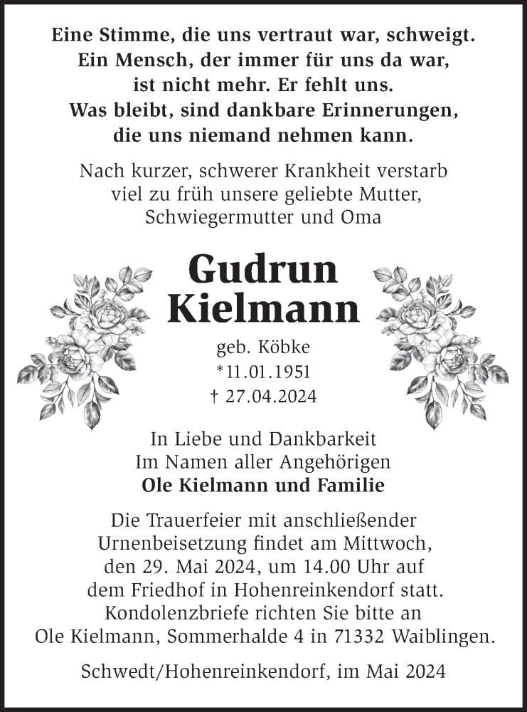  Traueranzeige für Gudrun Kielmann vom 11.05.2024 aus Märkische Oderzeitung