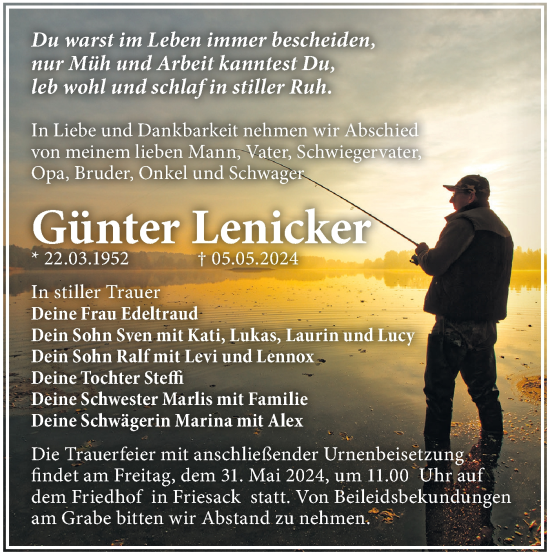 Traueranzeige von Günter Lenicker von Märkische Oderzeitung