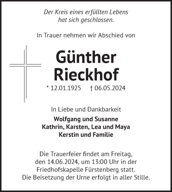 Traueranzeige von Günther Rieckhof von Märkische Oderzeitung