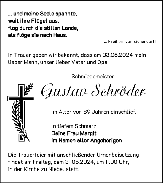 Traueranzeige von Gustav Schröder von Märkische Oderzeitung