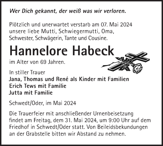 Traueranzeige von Hannelore Habeck von Märkische Oderzeitung