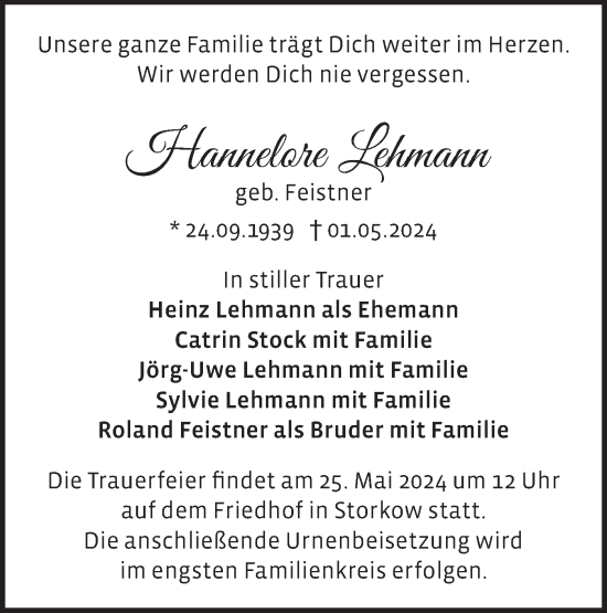 Traueranzeige von Hannelore Lehmann von Märkische Oderzeitung