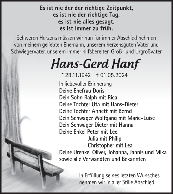 Anzeige Hans-Gerd Hanf