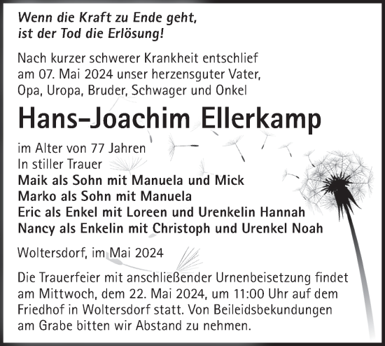 Traueranzeige von Hans-Joachim Ellerkamp von Märkische Oderzeitung