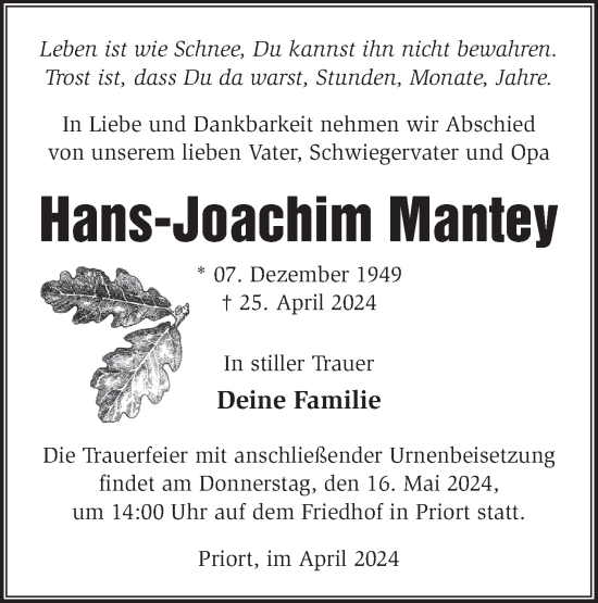 Traueranzeige von Hans-Joachim Mantey von Märkische Oderzeitung