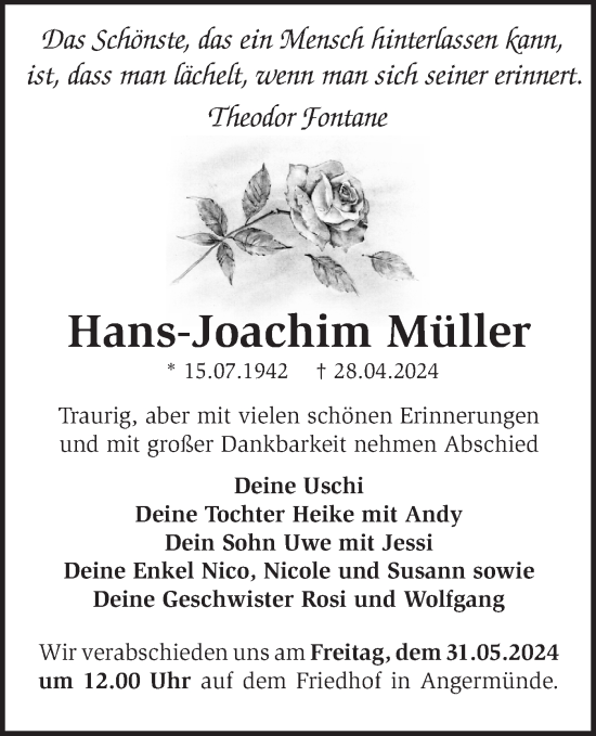 Traueranzeige von Hans-Joachim Müller von Märkische Oderzeitung
