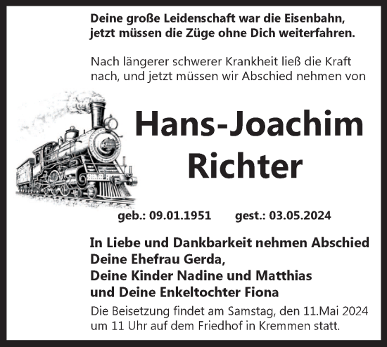 Traueranzeige von Hans-Joachim Richter von Märkische Oderzeitung