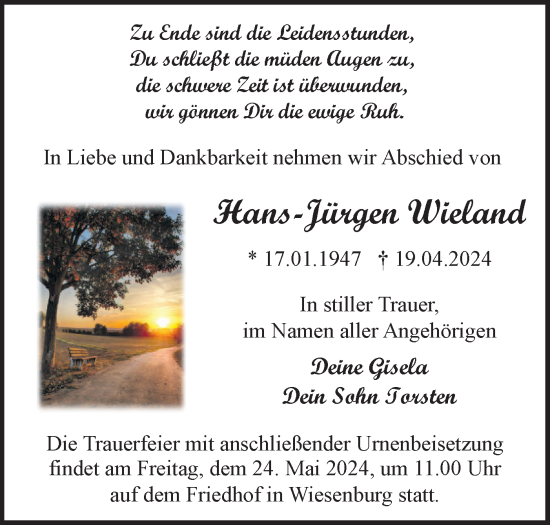 Traueranzeige von Hans-Jürgen Wieland von Märkische Oderzeitung