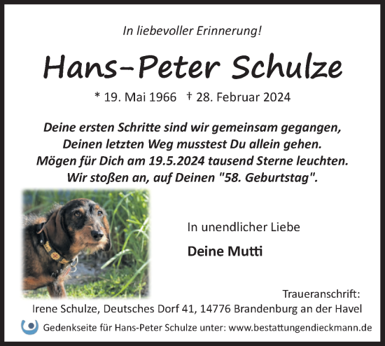 Traueranzeige von Hans-Peter Schulze von Märkische Oderzeitung