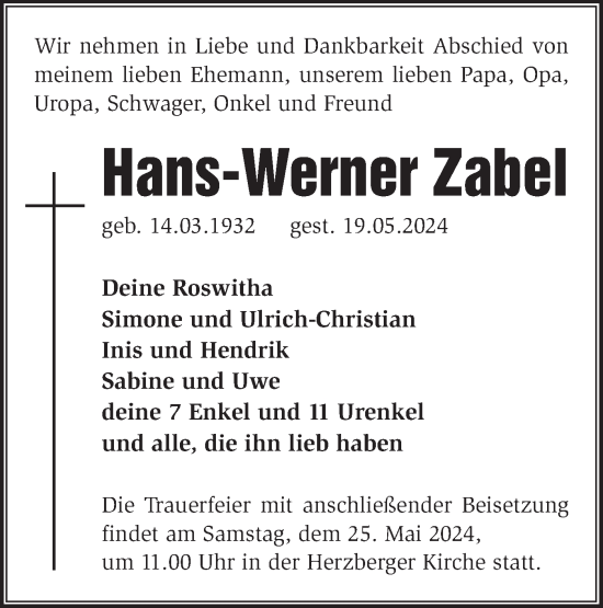 Anzeige Hans-Werner Zabel