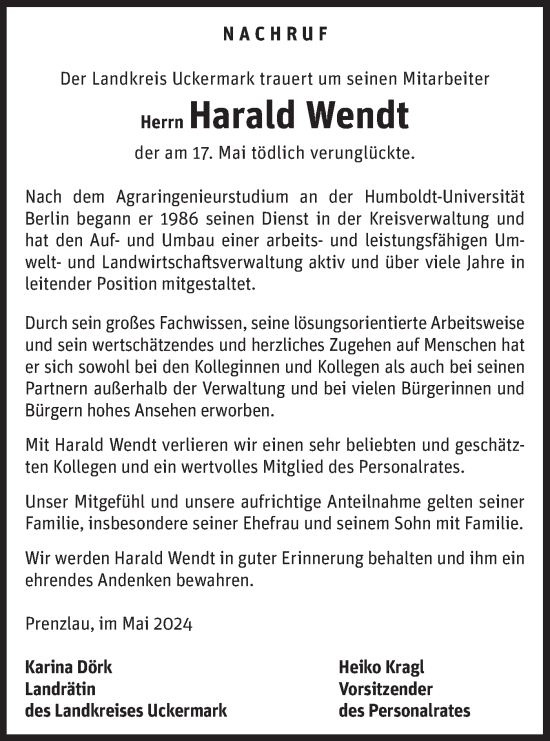 Traueranzeige von Harald Wendt von Märkische Oderzeitung