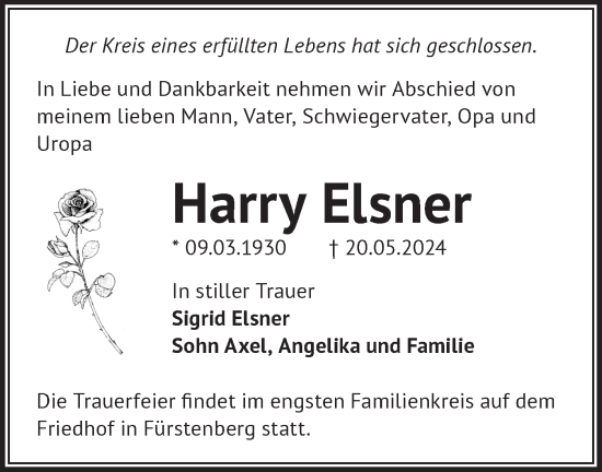 Traueranzeige von Harry Elsner von Märkische Oderzeitung