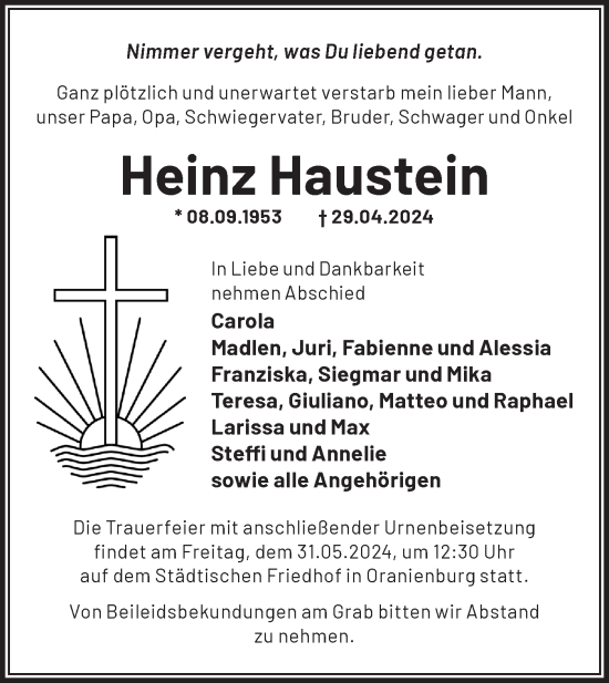 Traueranzeige von Heinz Haustein von Märkische Oderzeitung