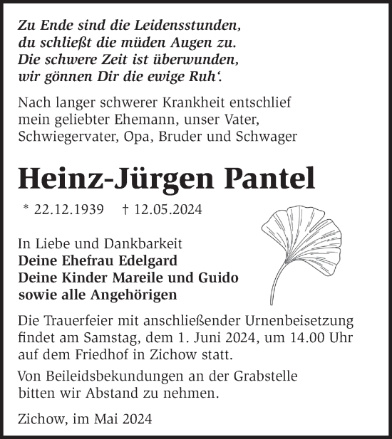 Traueranzeige von Heinz-Jürgen Pantel von Märkische Oderzeitung